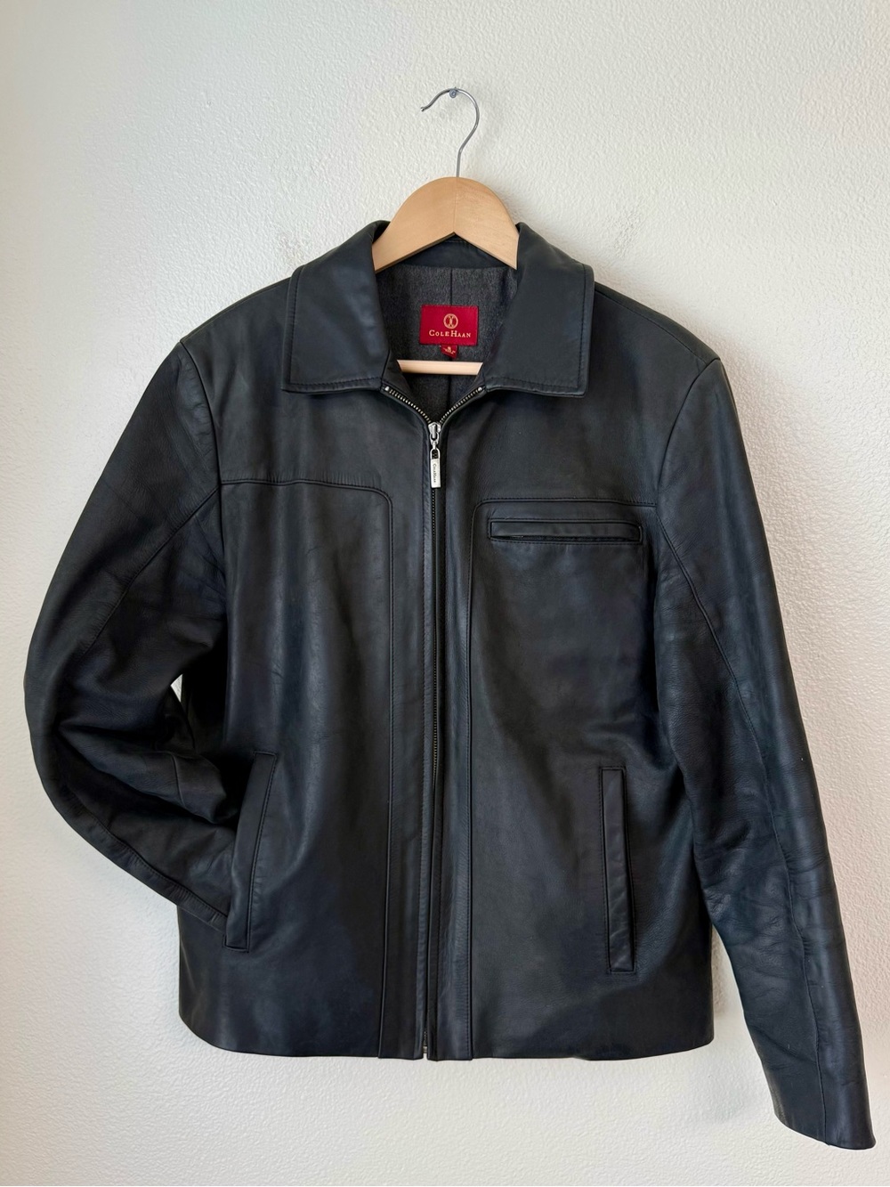 Cole Haan Black Genuine Cowskin Leather Jacket Fleece Lined HA40664 Men’s Small